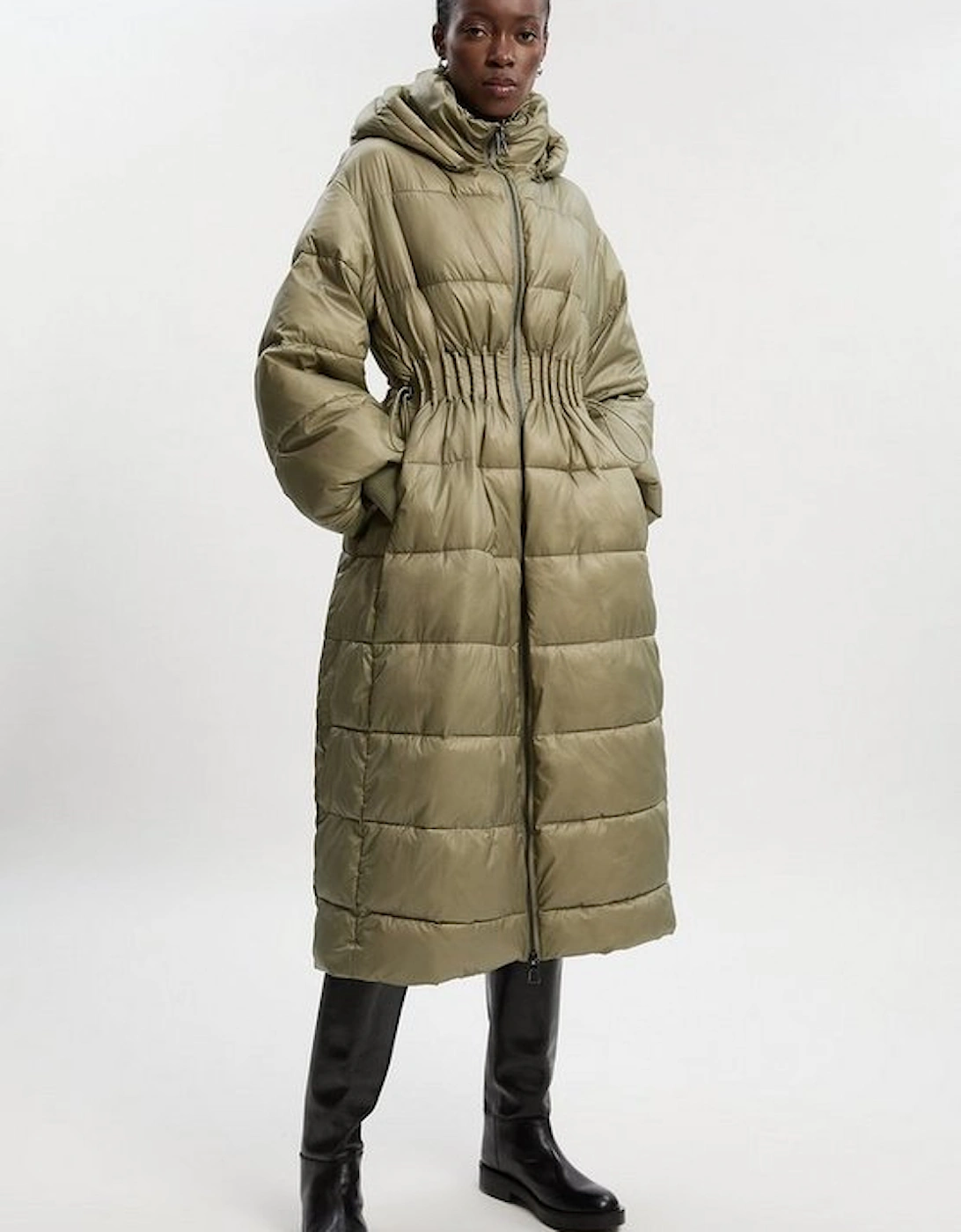Quilted Drawstring Waist Hooded Rib Cuff Maxi Puffer Coat, 2 of 1