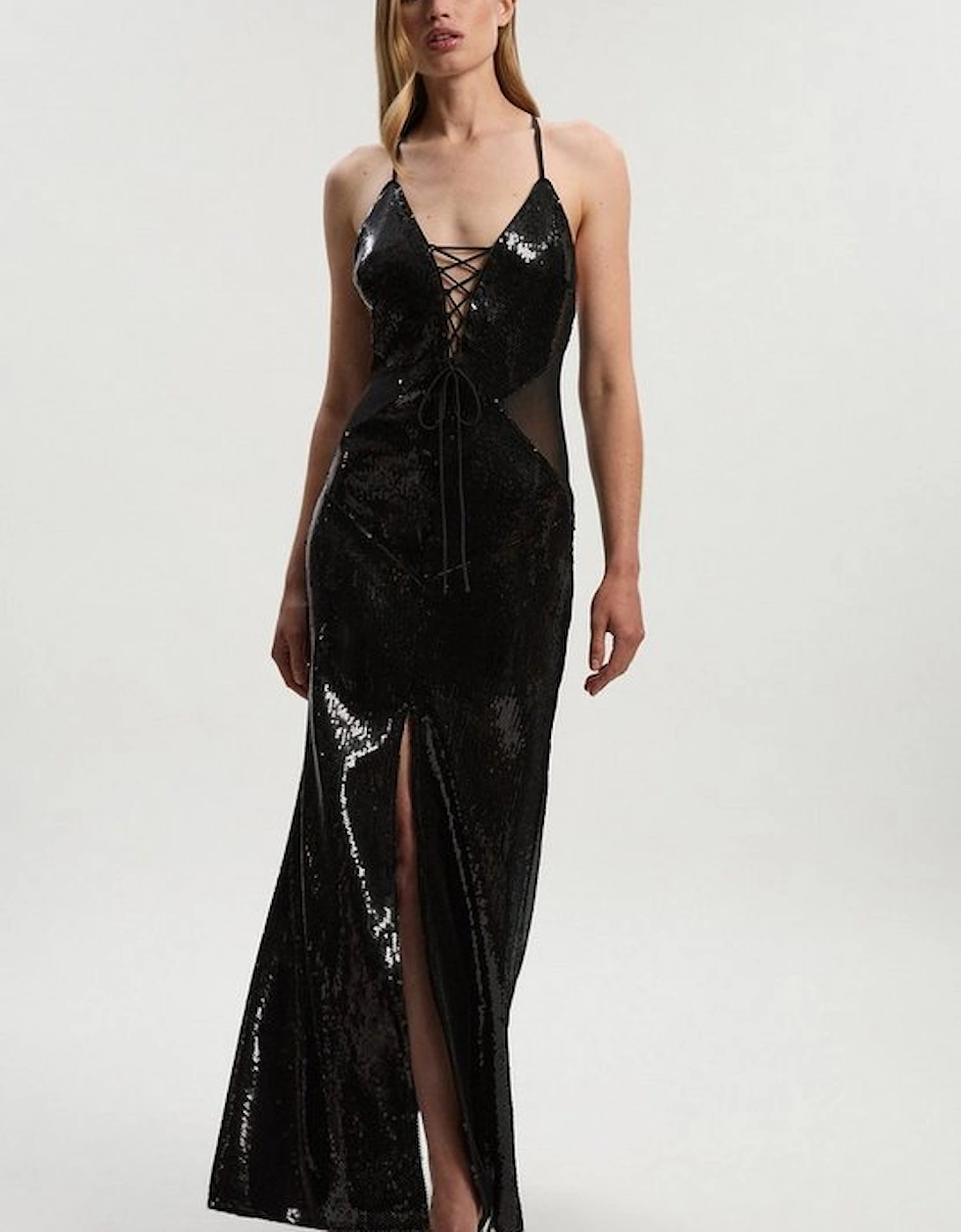 Sequin Power Mesh Lace Up Front Halter Neck Split Detail Maxi Dress, 5 of 4