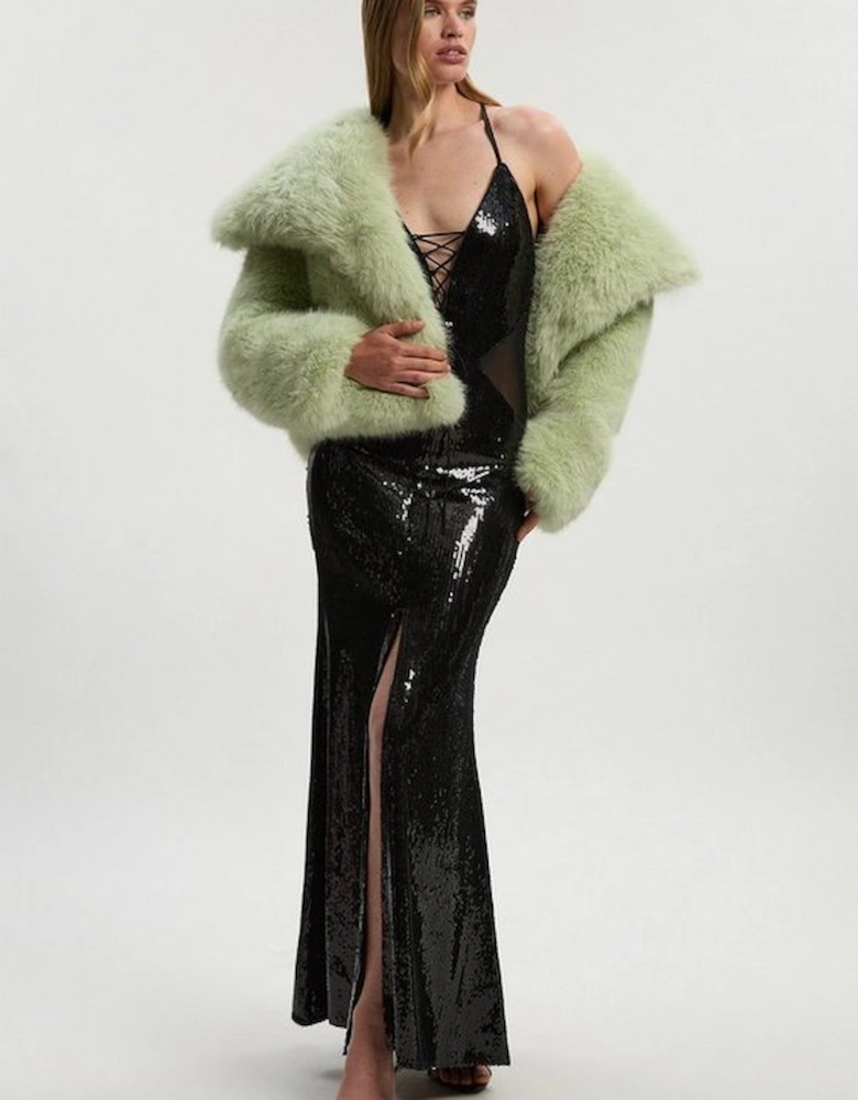 Sequin Power Mesh Lace Up Front Halter Neck Split Detail Maxi Dress