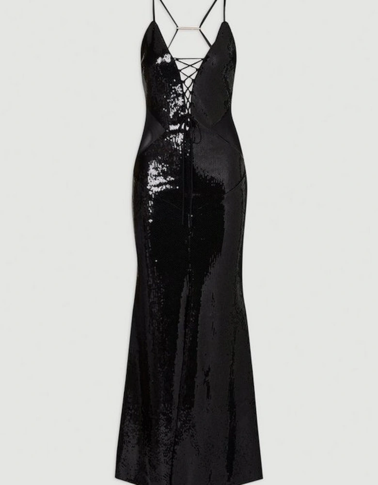 Sequin Power Mesh Lace Up Front Halter Neck Split Detail Maxi Dress