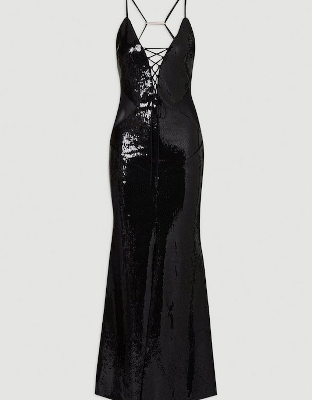 Sequin Power Mesh Lace Up Front Halter Neck Split Detail Maxi Dress