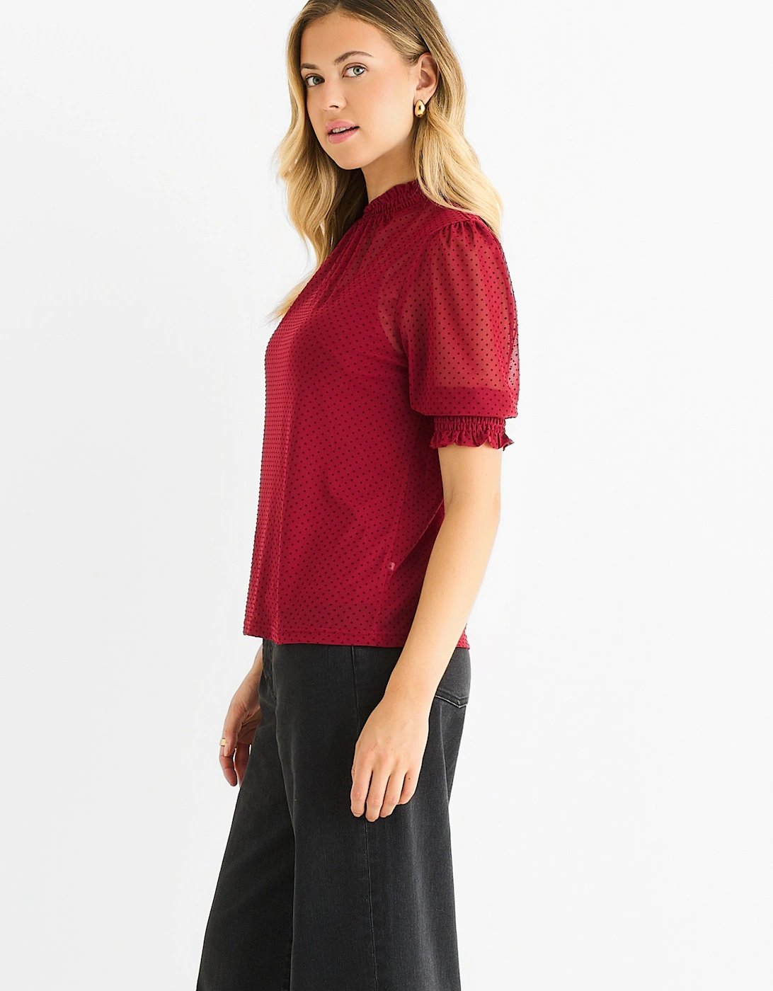 Red High Neck Lace Loose Fit Blouse