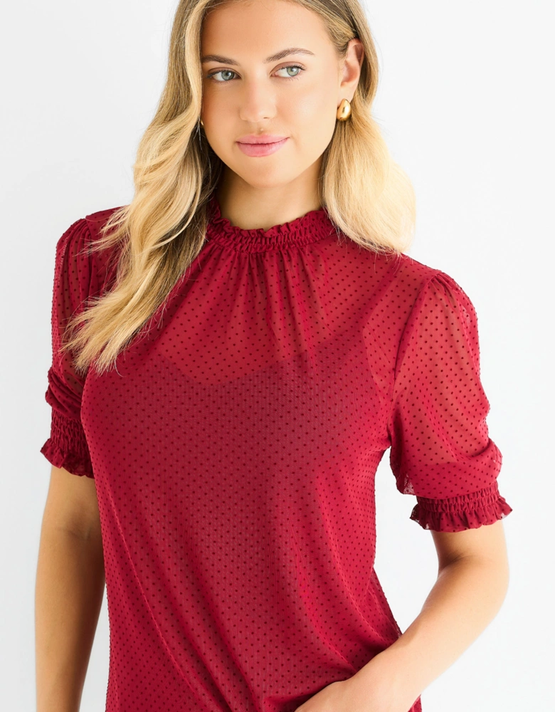 Red High Neck Lace Loose Fit Blouse