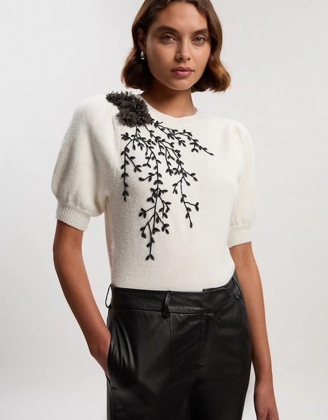 Flower And Beaded Puff Sleeve Knit Tee, 2 of 1