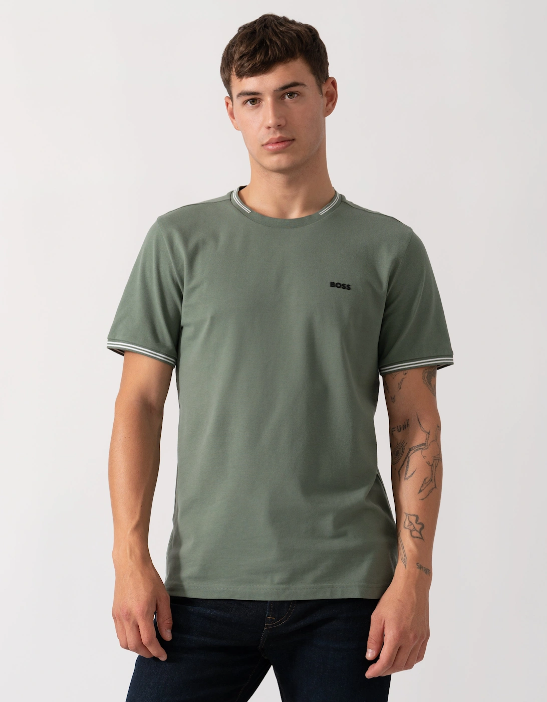 BOSS Green Taul Mens Stretch-Cotton T-Shirt with Stripes and Logo - Open Green 358, 2 of 1