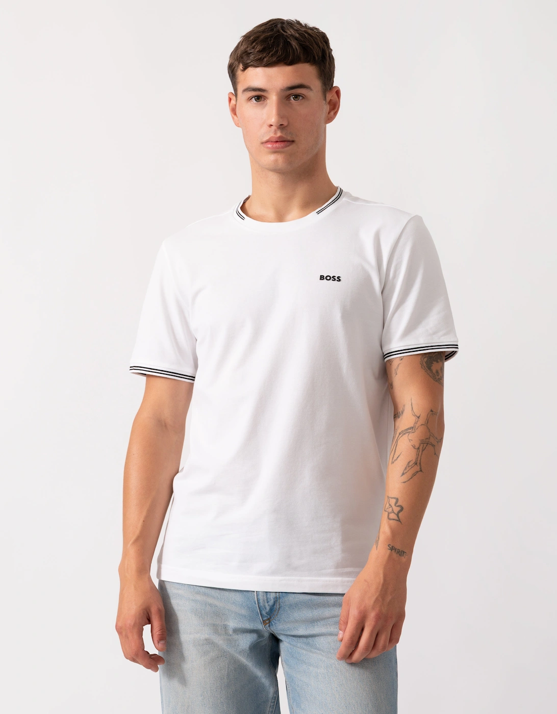 BOSS Green Taul Mens Stretch-Cotton T-Shirt with Stripes and Logo - White 100, 2 of 1