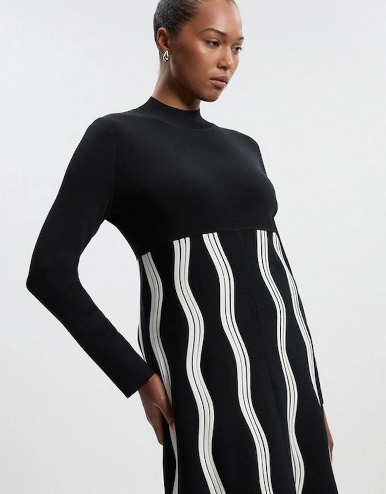 Plus Size Contrast Wave Knit A-Line Knitted Long Sleeve Dress
