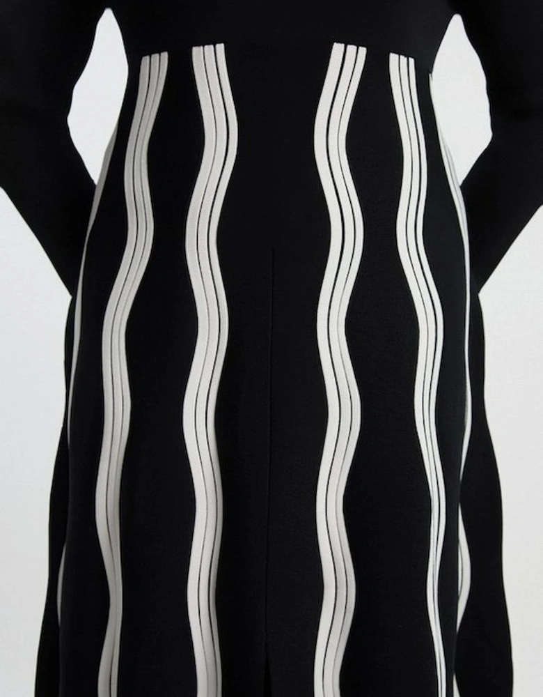 Plus Size Contrast Wave Knit A-Line Knitted Long Sleeve Dress