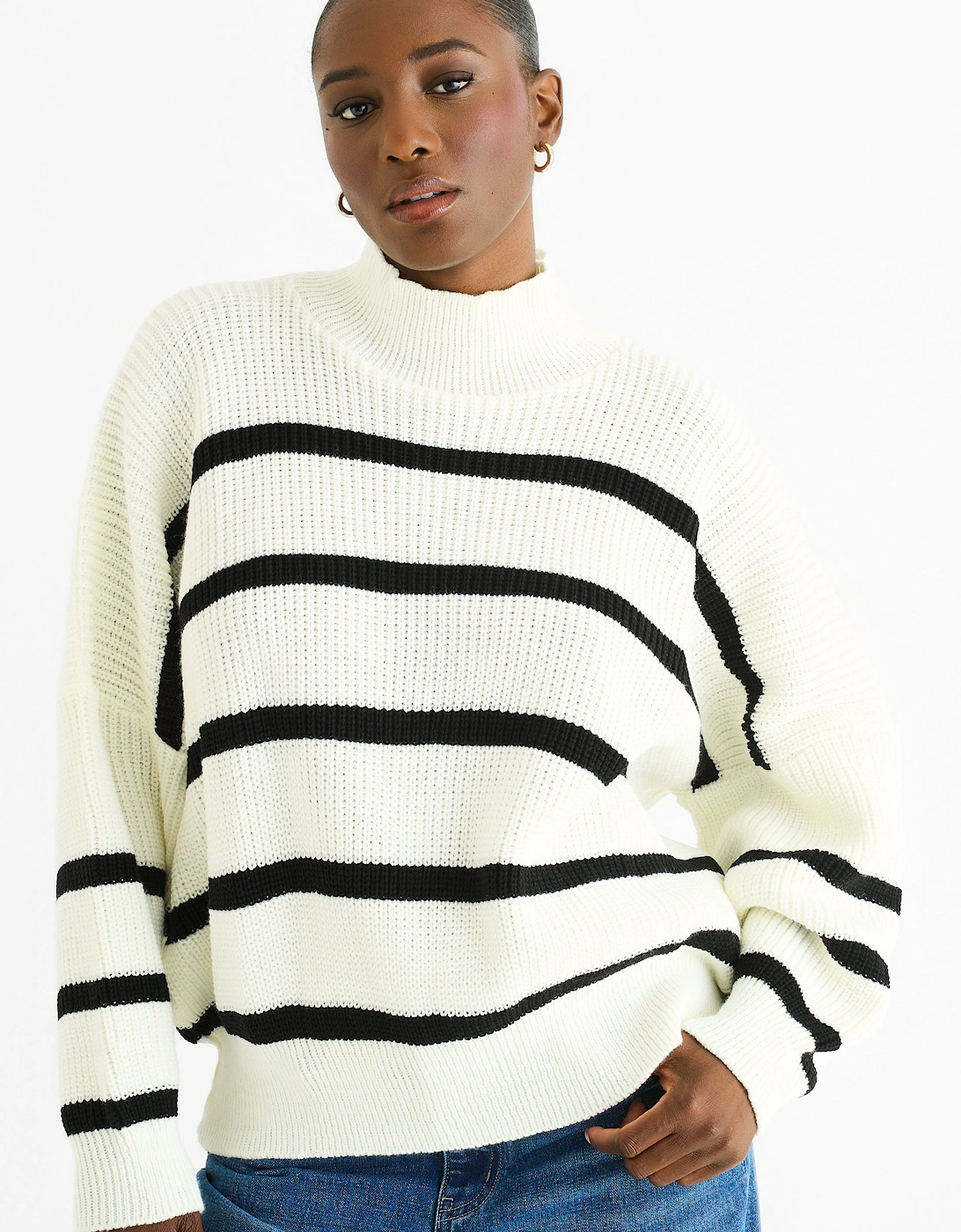 Gini London Women's Cream Chunky Knit High Neck Jumper - Size: M-L uk 12-14/us 8-10/eu 40-42 ,