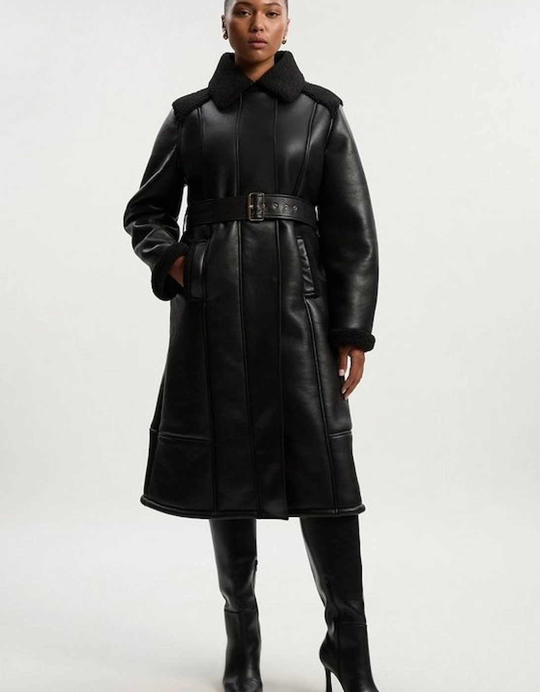 Plus Size Faux Fur Aviator Longline Coat, 2 of 1