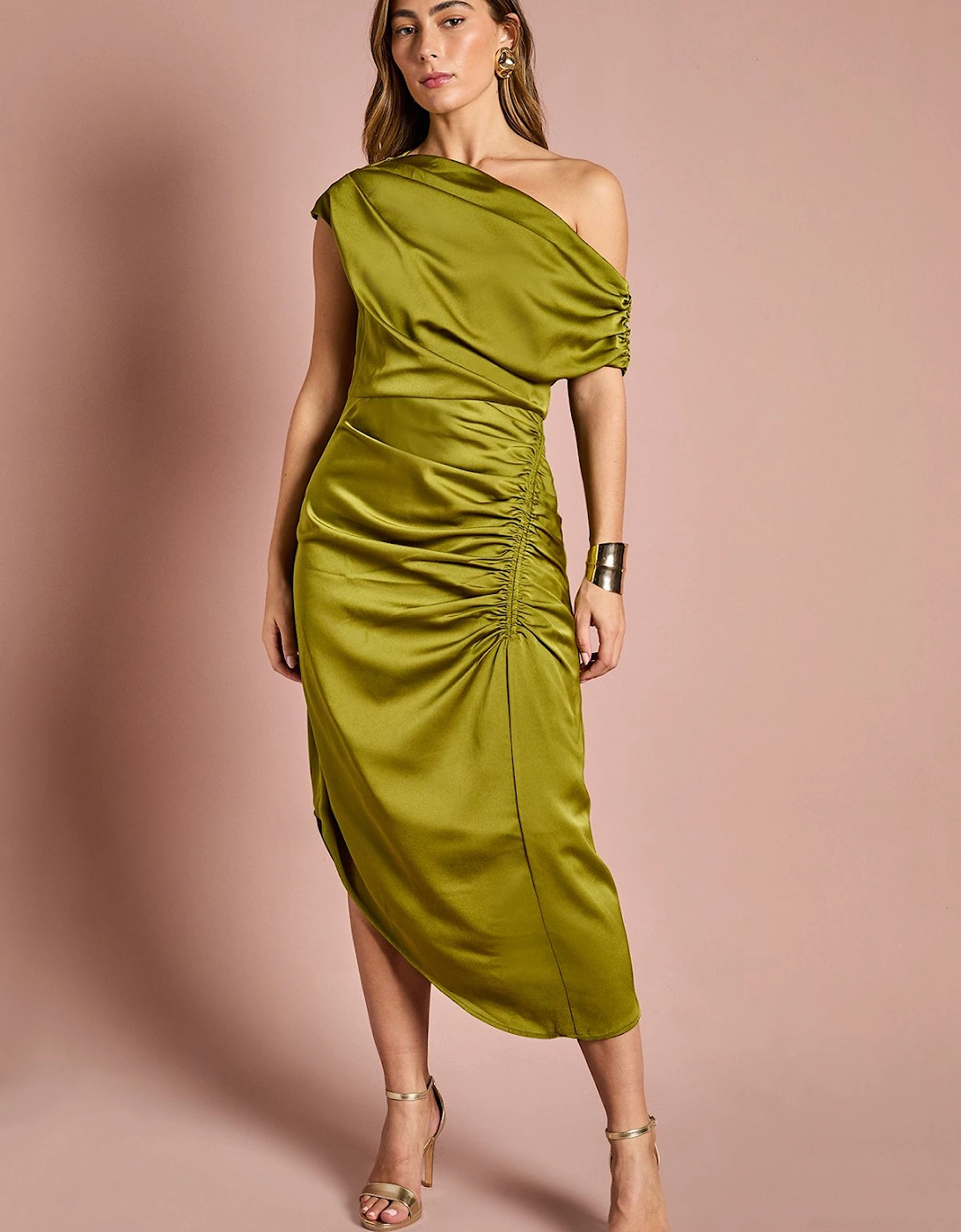 Petite Satin Ruched One Shoulder Asymmetric Hem Midi Dress, 2 of 1