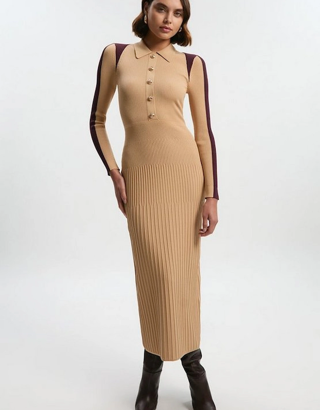 Rib Knit Military Colour Block Midi Dress, 4 of 3