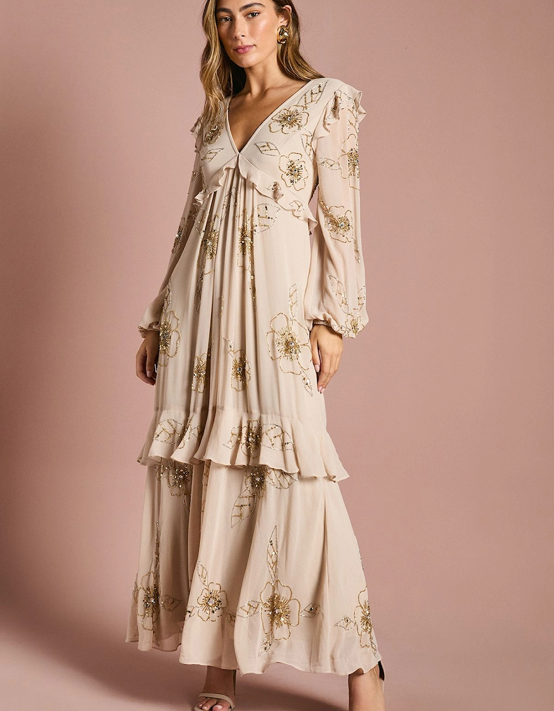 V Neck Embellished Flower Tiered Georgette Midi Dress, 2 of 1