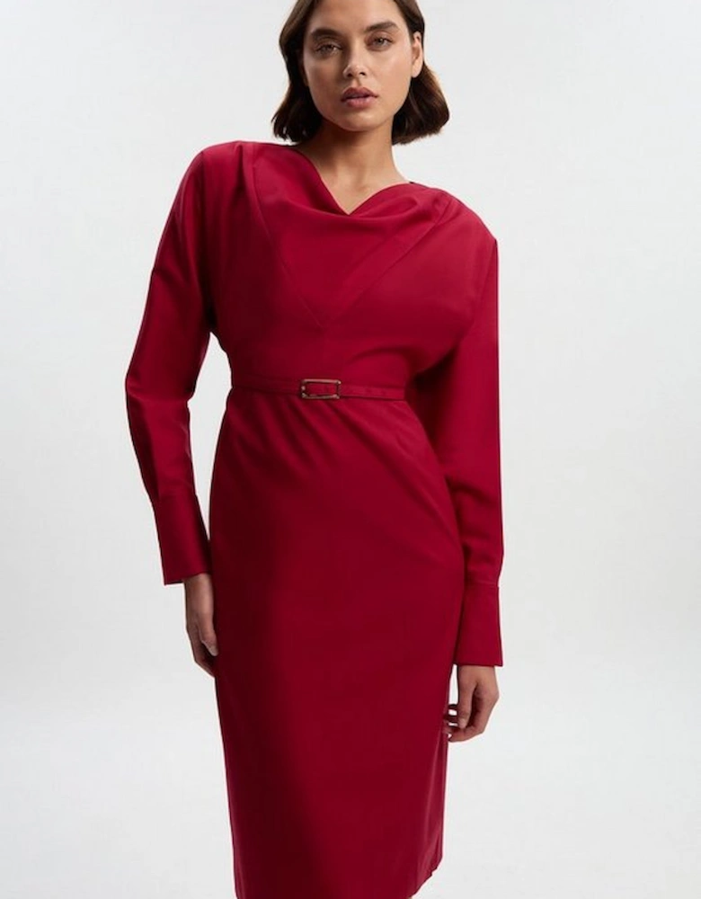 Polished Cowl Neck Tailored Pencil Midi Dress