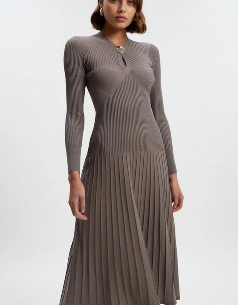 Rib Knit Trim Detail Full Skirt Midi Dress