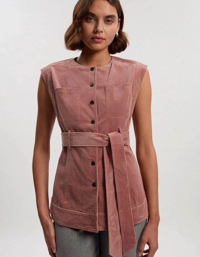 Stretch Cord Belted Sleeveless Jacket