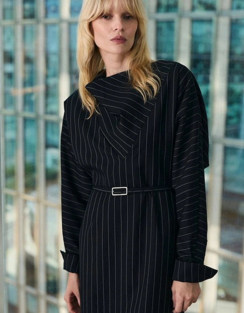 Pinstripe Cowl Neck Tailored Pencil Midi Dress