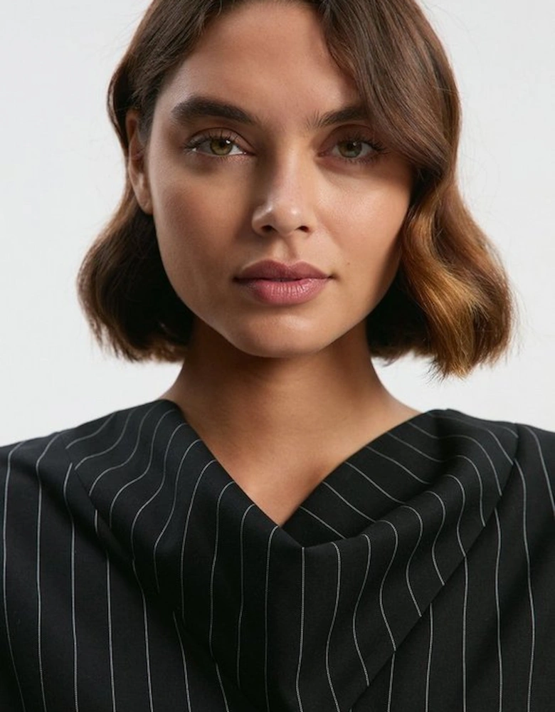 Pinstripe Cowl Neck Tailored Pencil Midi Dress