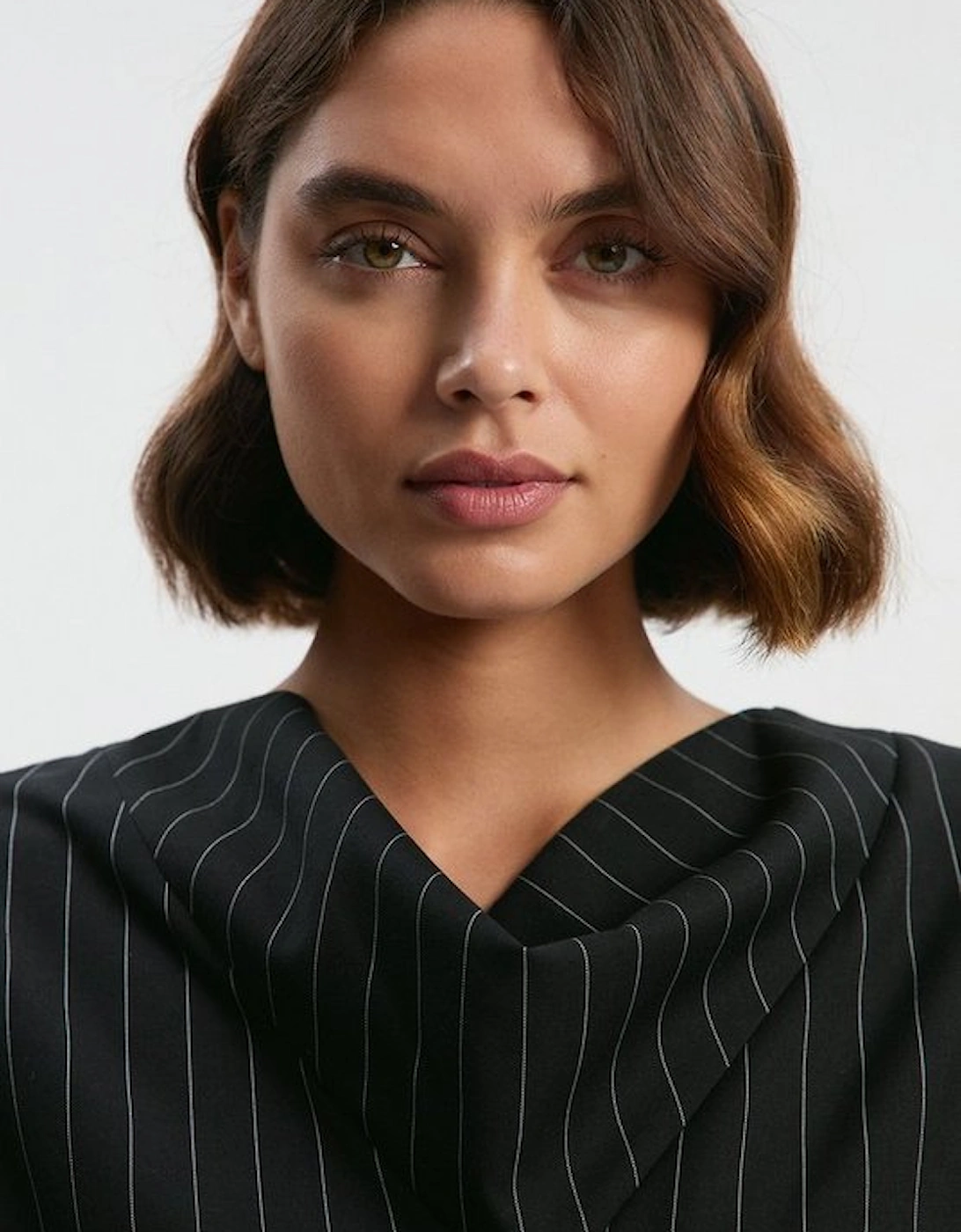 Pinstripe Cowl Neck Tailored Pencil Midi Dress