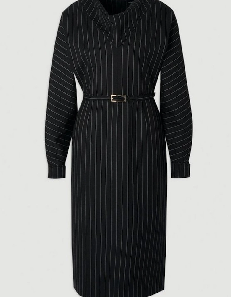 Pinstripe Cowl Neck Tailored Pencil Midi Dress