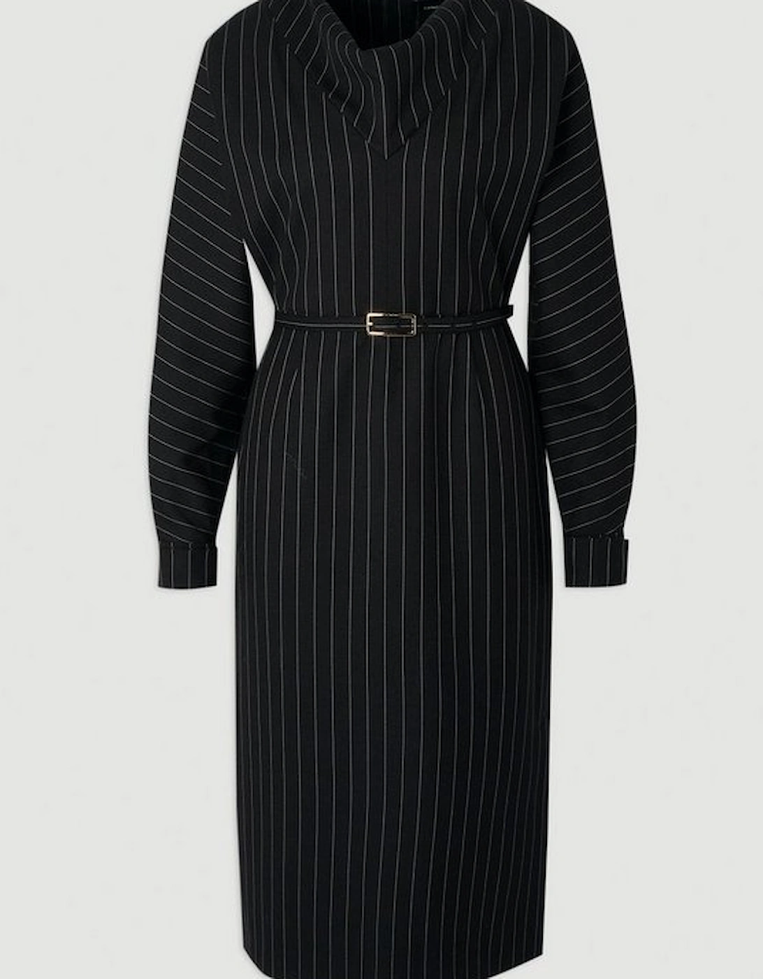 Pinstripe Cowl Neck Tailored Pencil Midi Dress