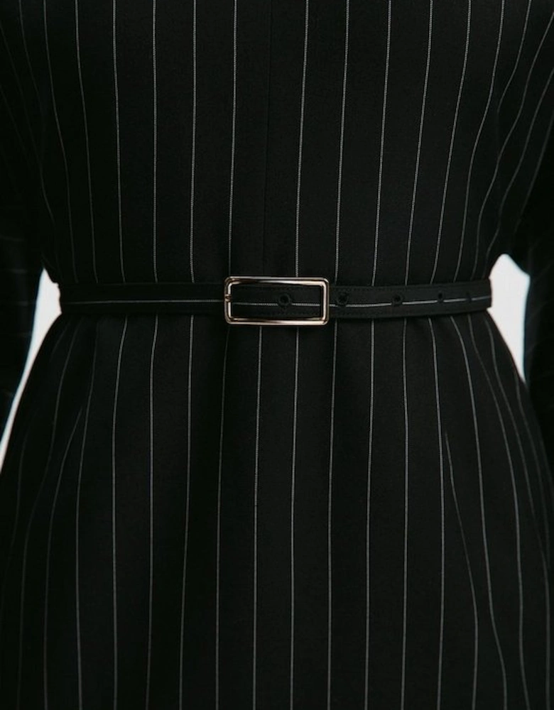 Pinstripe Cowl Neck Tailored Pencil Midi Dress