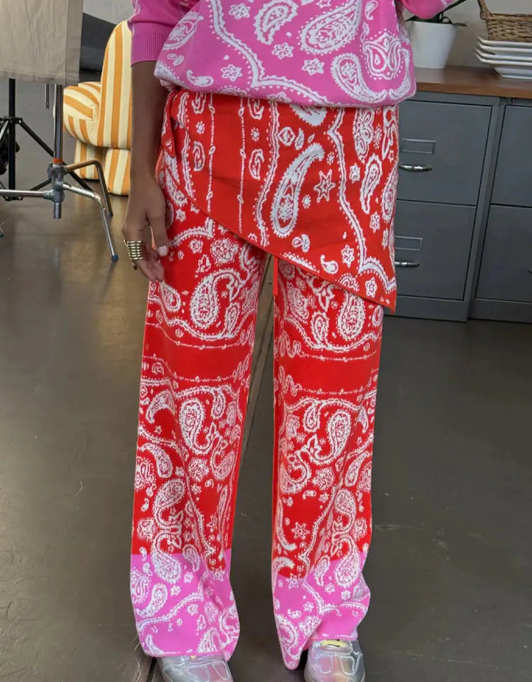 Red bandana wide leg trousers PETITE length