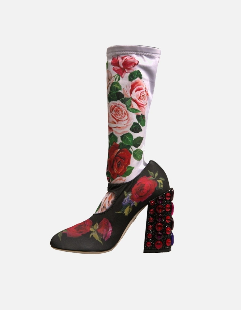 Floral Print Embellished Mid Calf Jersey Sock Boots Women - Black