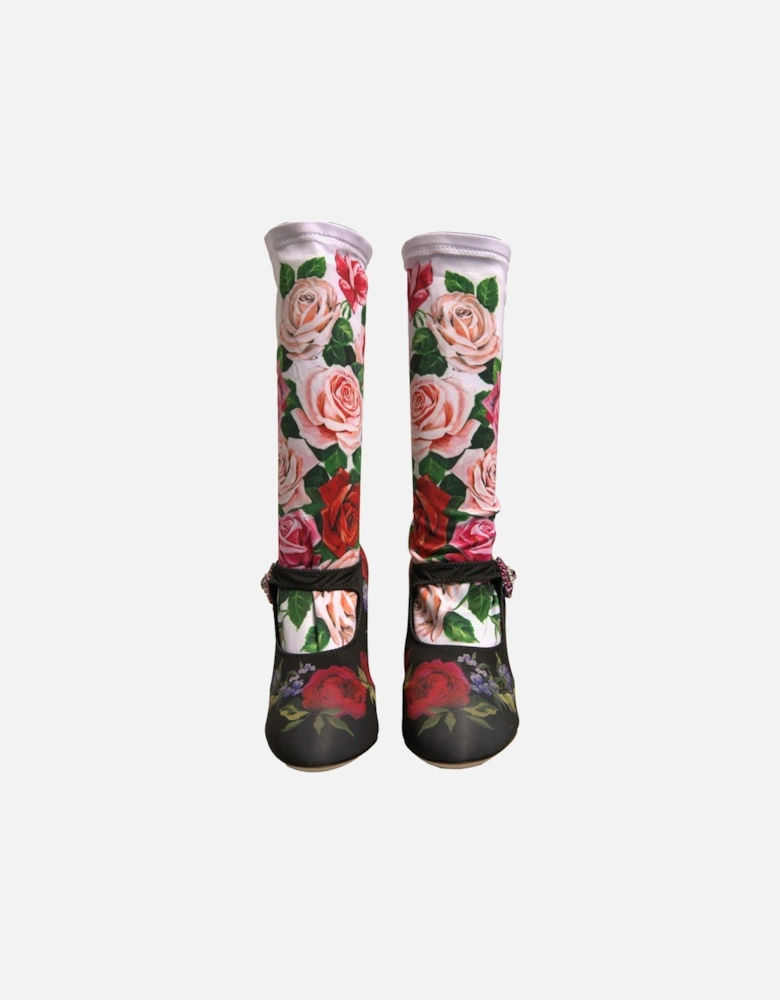 Floral Print Embellished Mid Calf Jersey Sock Boots Women - Black