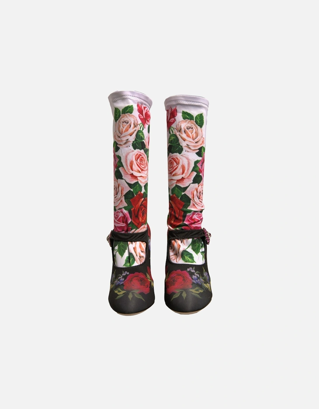 Floral Print Embellished Mid Calf Jersey Sock Boots Women - Black