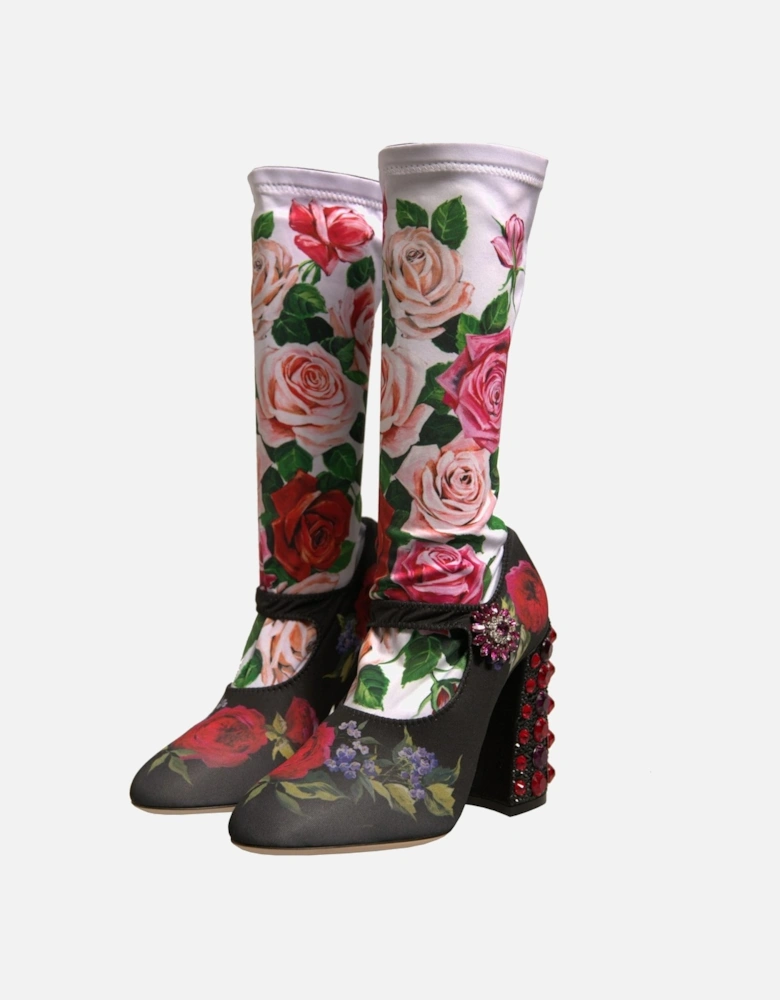 Floral Print Embellished Mid Calf Jersey Sock Boots Women - Black