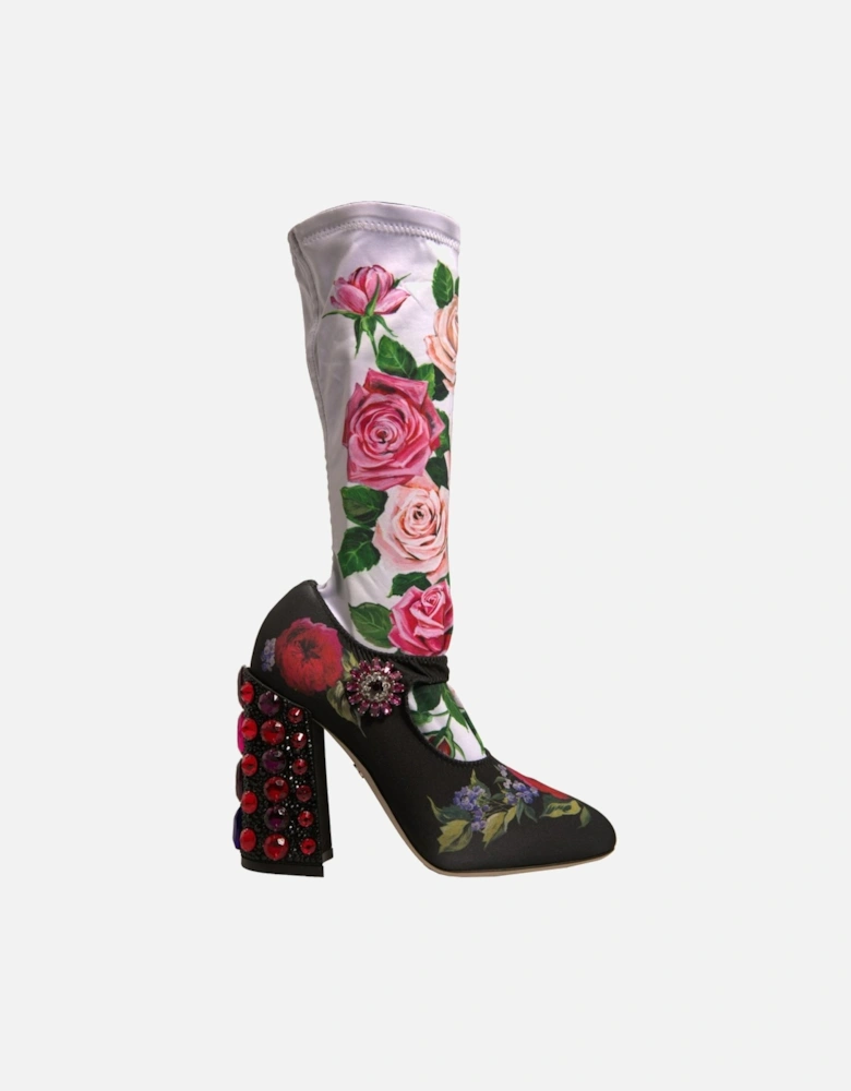 Floral Print Embellished Mid Calf Jersey Sock Boots Women - Black
