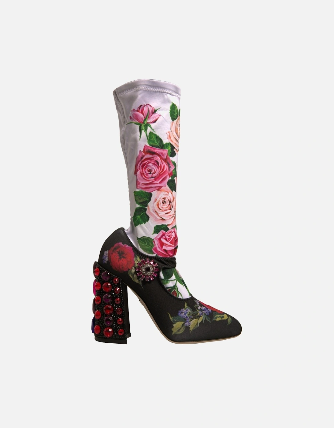 Floral Print Embellished Mid Calf Jersey Sock Boots Women - Black, 7 of 6