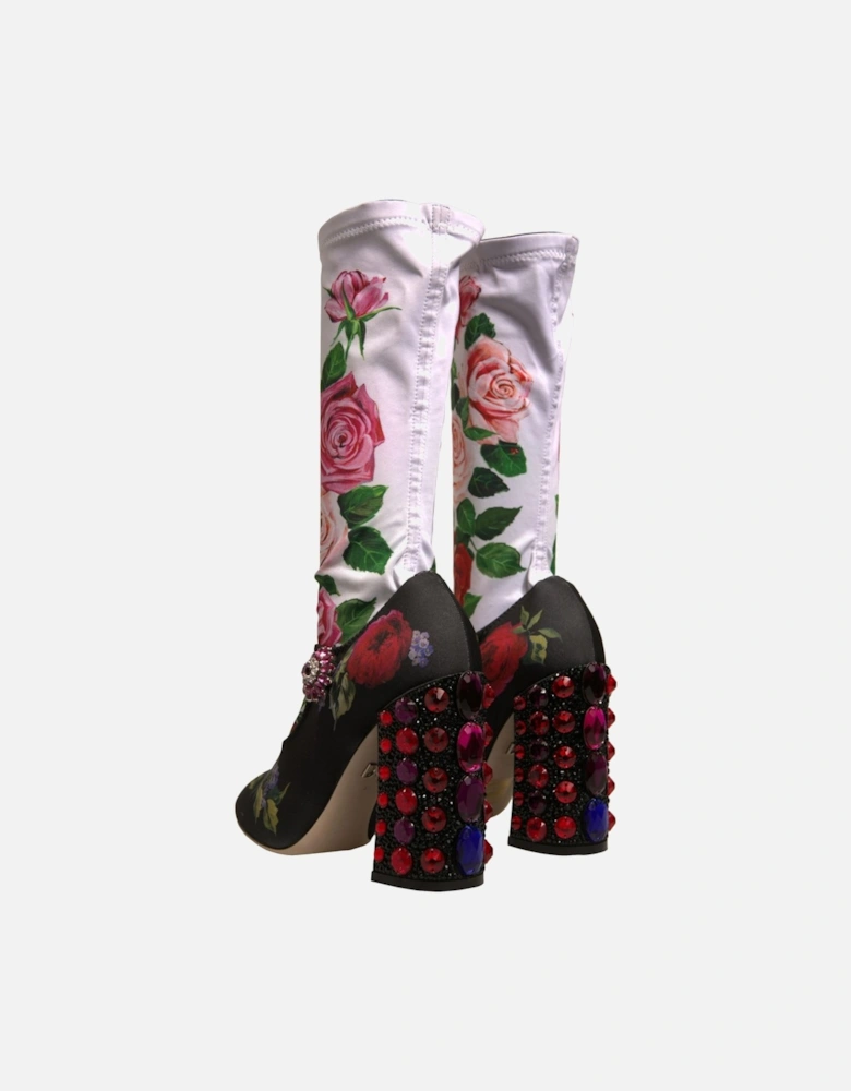 Floral Print Embellished Mid Calf Jersey Sock Boots Women - Black