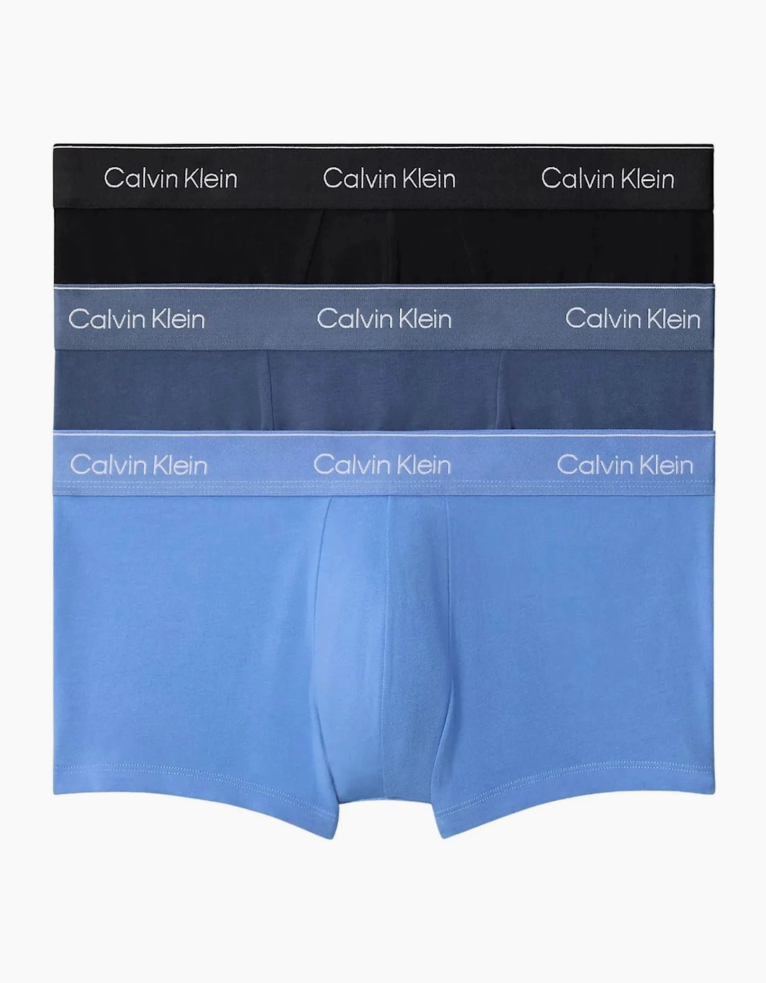 Calvin Klein Men's Blue 3-Pack Icon Cotton Stretch Low-Rise Boxer Trunks, Black/Glacier/Bluebell  35/34/32 L