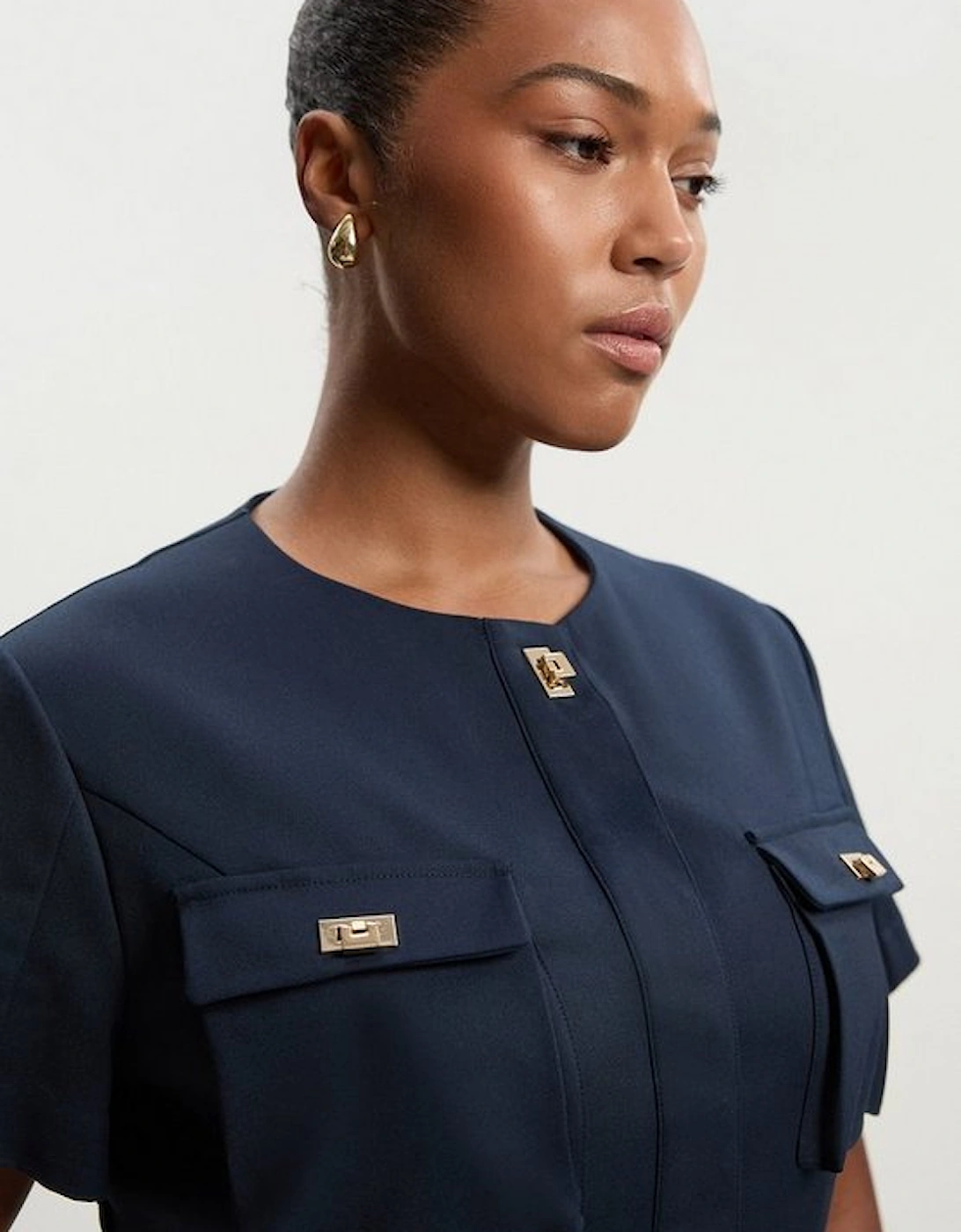 Plus Size Techno Short Sleeve Hardware Detail Woven Midi Dress