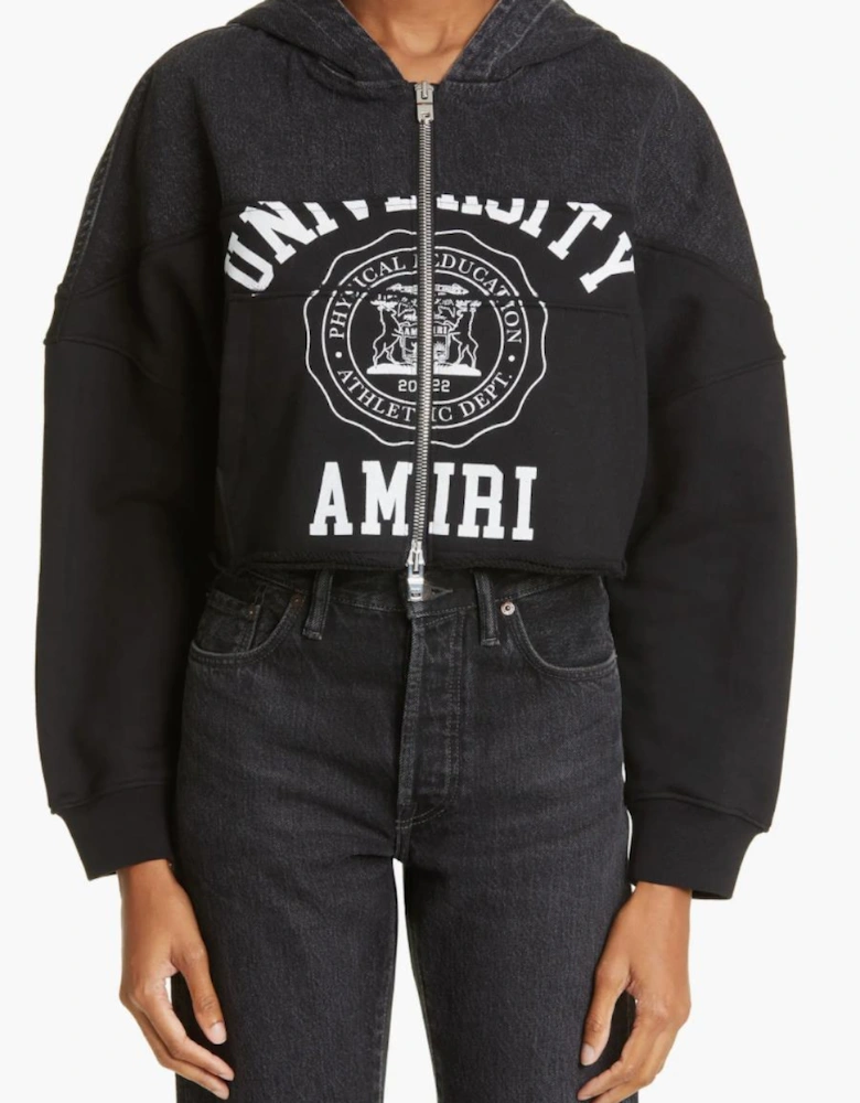 WOMENS HYBRID CROPPED ZIP UP HOODIE SATIN BLACK