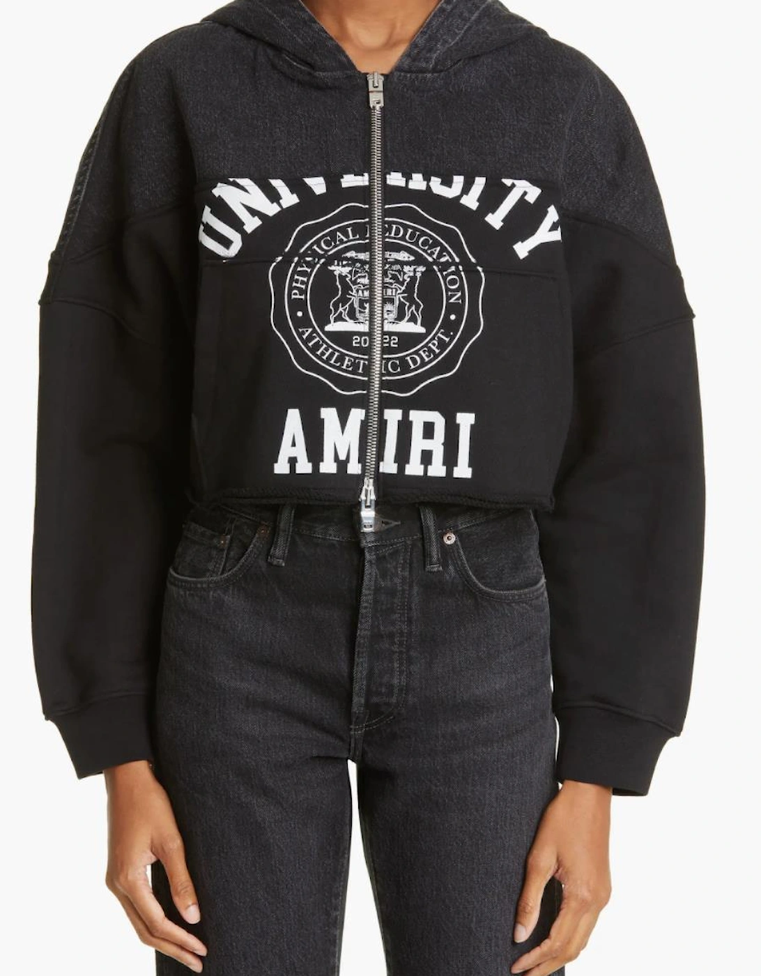 WOMENS HYBRID CROPPED ZIP UP HOODIE SATIN BLACK