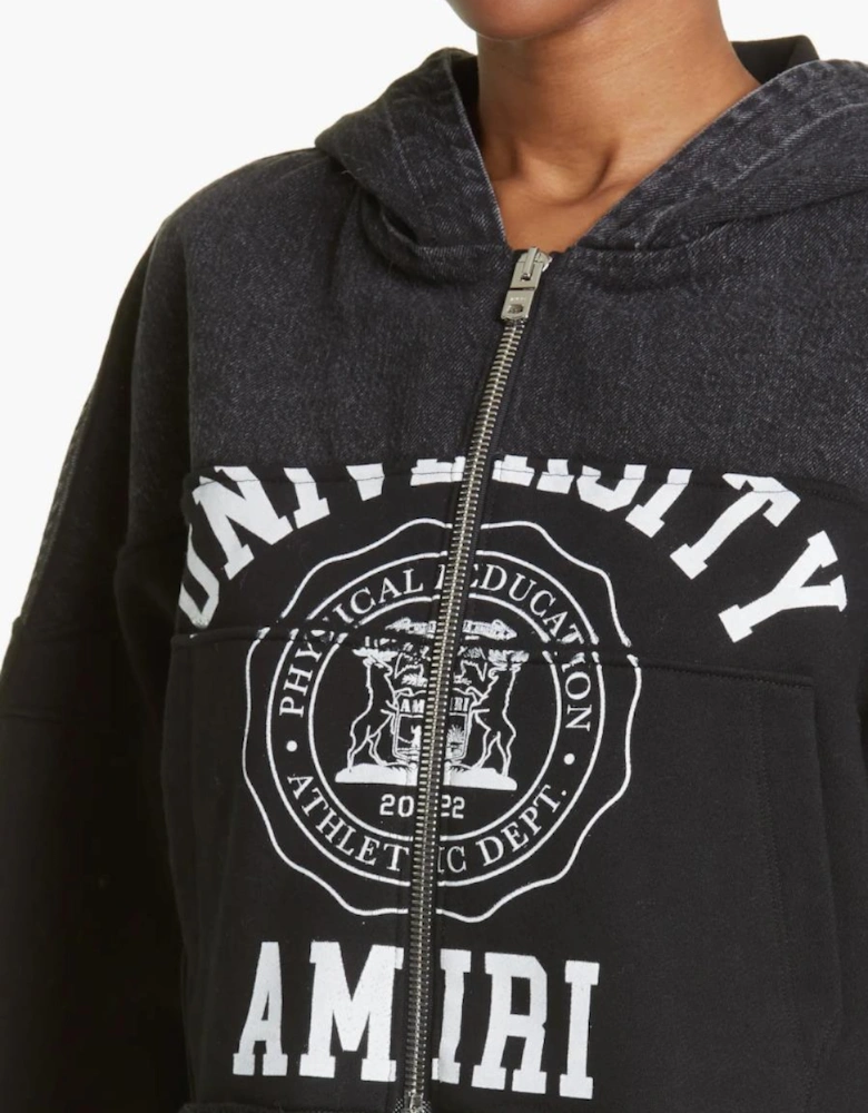 WOMENS HYBRID CROPPED ZIP UP HOODIE SATIN BLACK