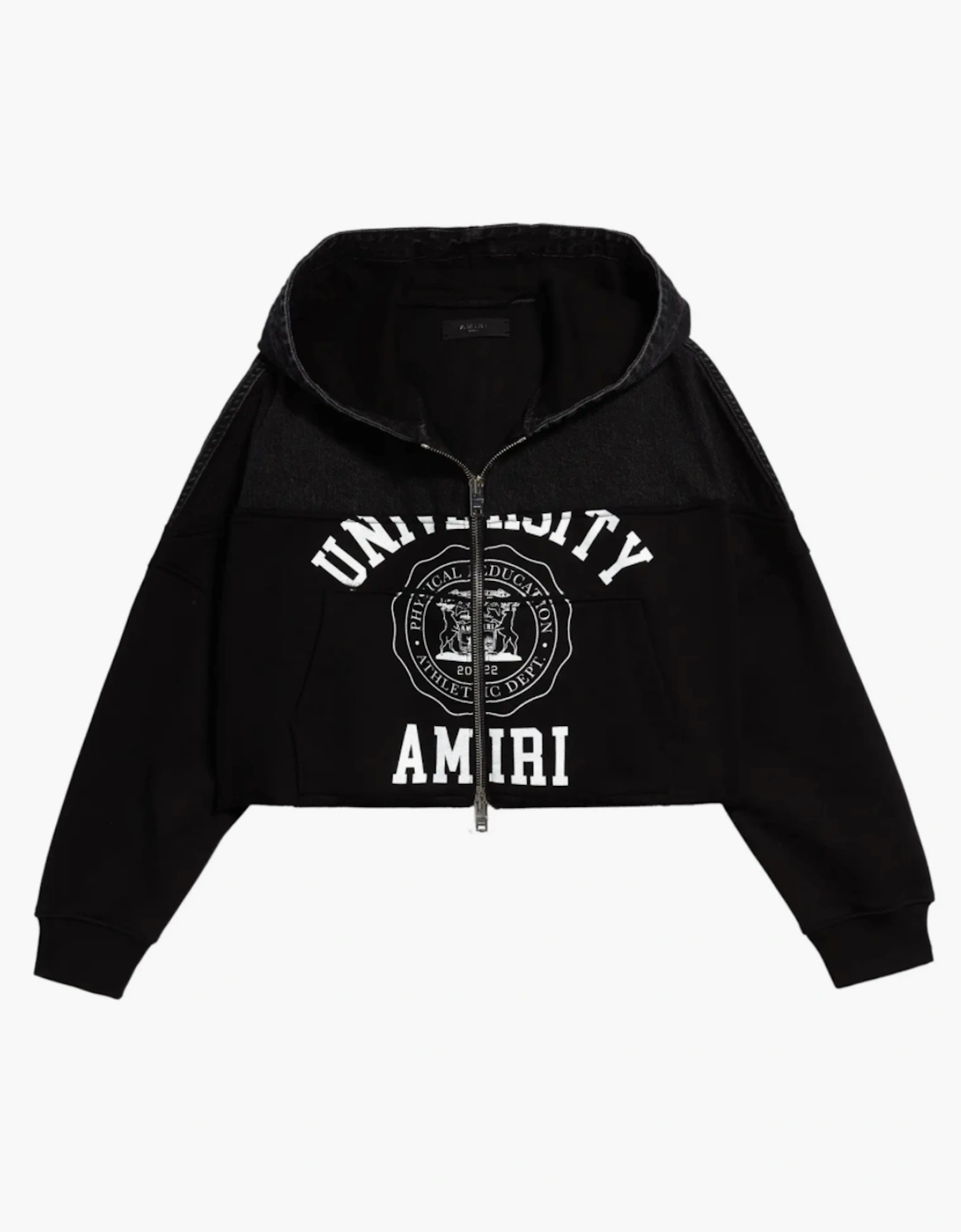 Women's AMIRI WOMENS HYBRID CROPPED ZIP UP HOODIE SATIN BLACK - Size: 14