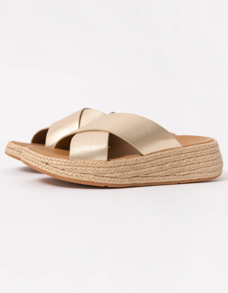 Womens F-Mode Espadrille Leather Flatform Cross Slides - Platino 675