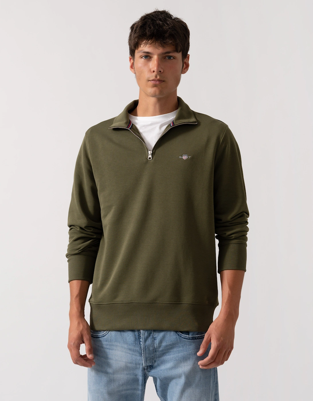 Men's GANT Mens Regular Fit Shield Logo Half Zip Sweatshirt - 303 Moss Green - Tan - Size: 42