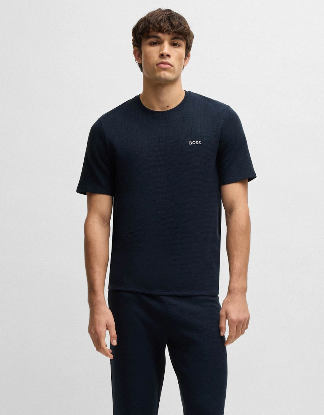Hugo Boss Men's Navy Boss Orange Waffle Cotton-Blend Pyjama T-Shirt With Embroidered Logo Nos - Dark Blue 403 - Size 40