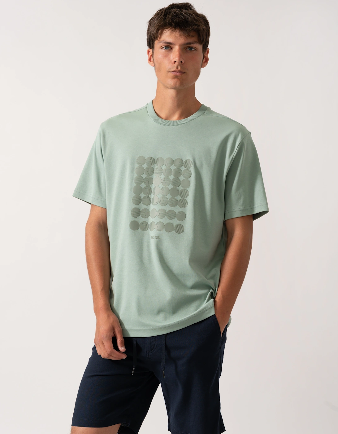 Men's BOSS Green Tee Mens Interlock-Cotton T-Shirt with Circle Artwork - Open Green 357 - Size: 38