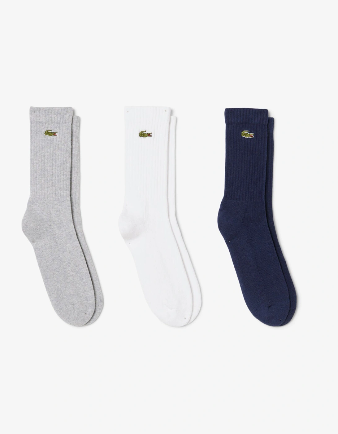 Lacoste Men's White/Navy 3 Pack Sport High Cut Socks - Silver Chine/- Blue Tya - Size: 9/9.5/10/10.5/11