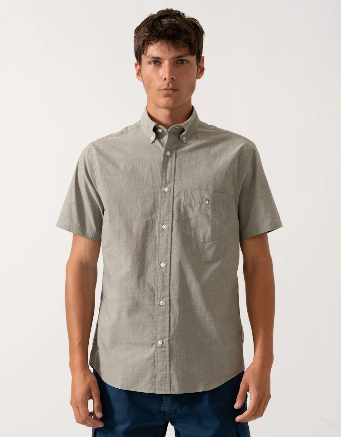 Men's GANT Mens Regular Fit Short Sleeve Poplin Shirt - 303 Moss Green - Grey - Size: 42/Regular