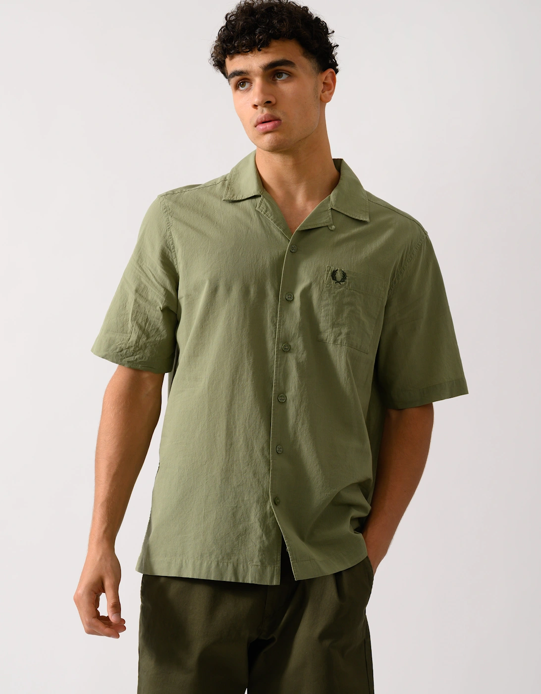 Men's Fred Perry Mens Lightweight Texture Revere Collar Short Sleeve Shirt - Olive Mint X88 - Tan - Size: 40/Regular