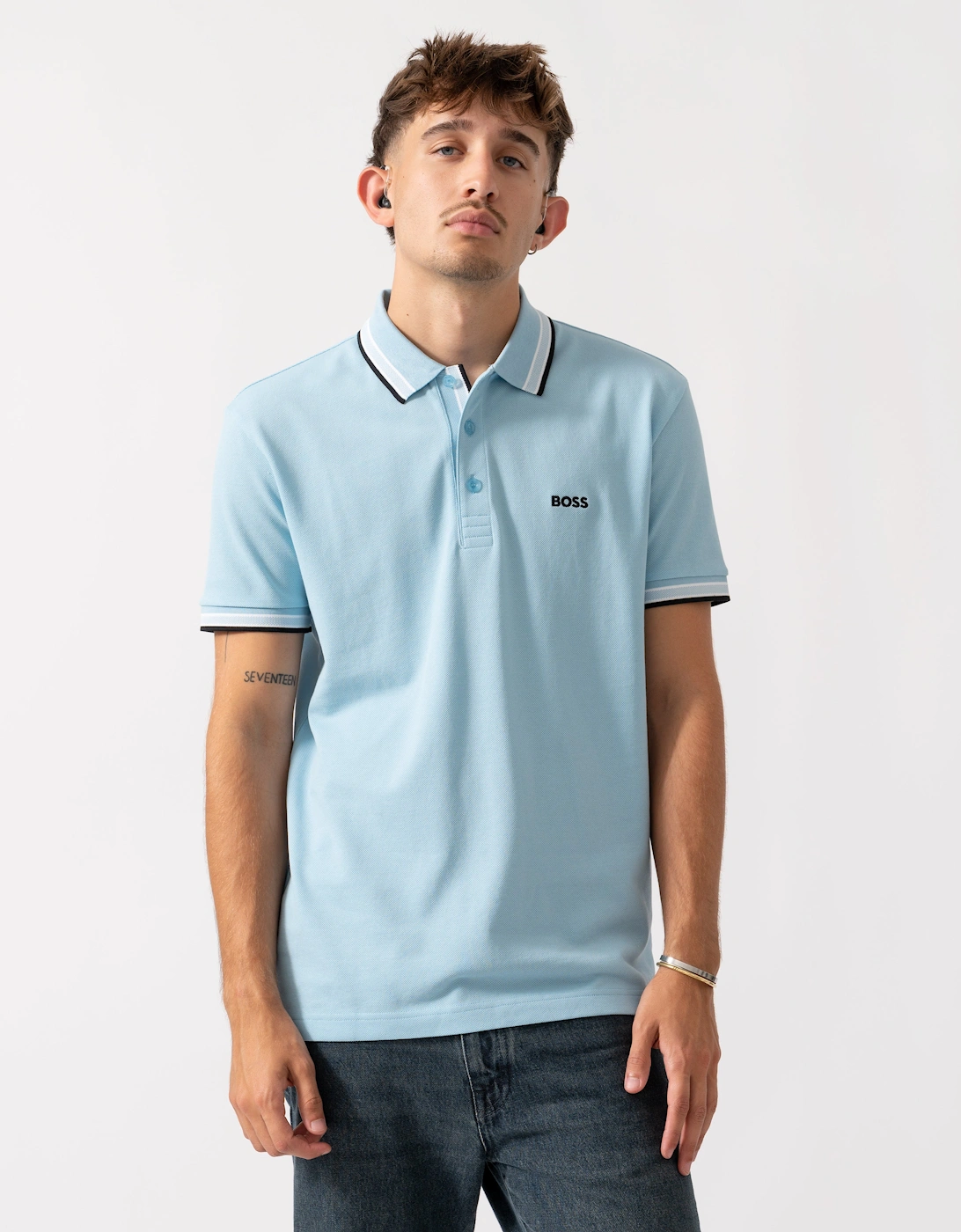 Hugo Boss Men's Blue Boss Green Paddy Cotton-Piqué Polo Shirt With Contrast Logo - Light/Pastel 455 - Size: 42