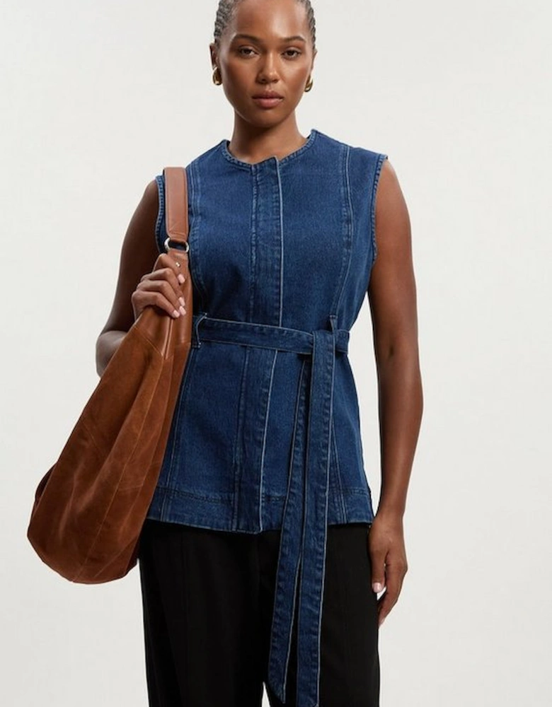Plus Size Denim Sleeveless Belted Jacket