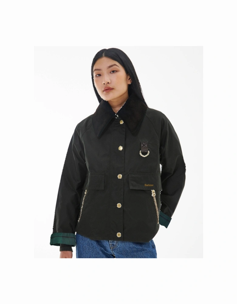 Catton Womens Wax Jacket - Black/Black/Sage Tartan
